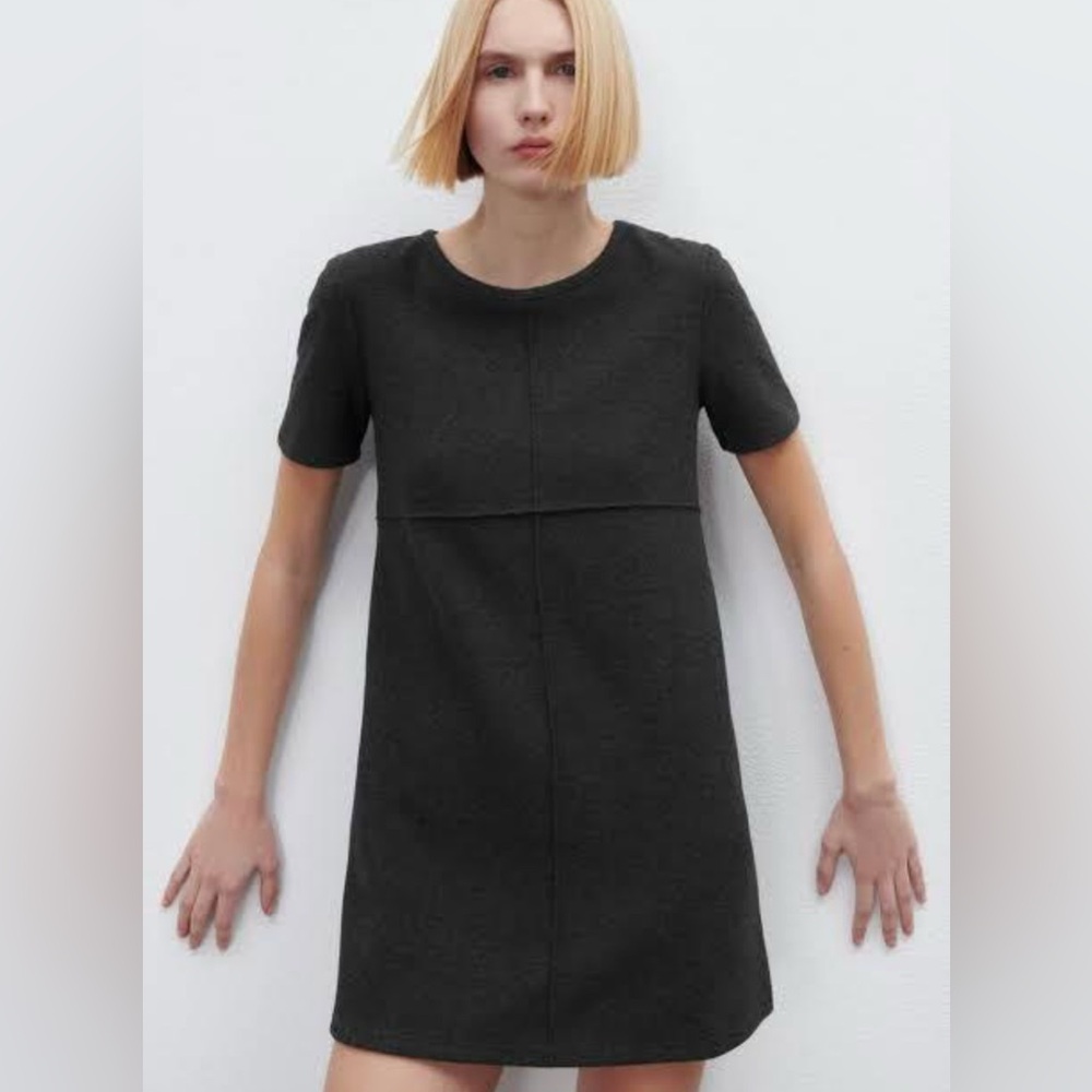 ZARA Dark Gray Short Sleeve Crewneck Cotton Blend Soft Mini Dress Size Small